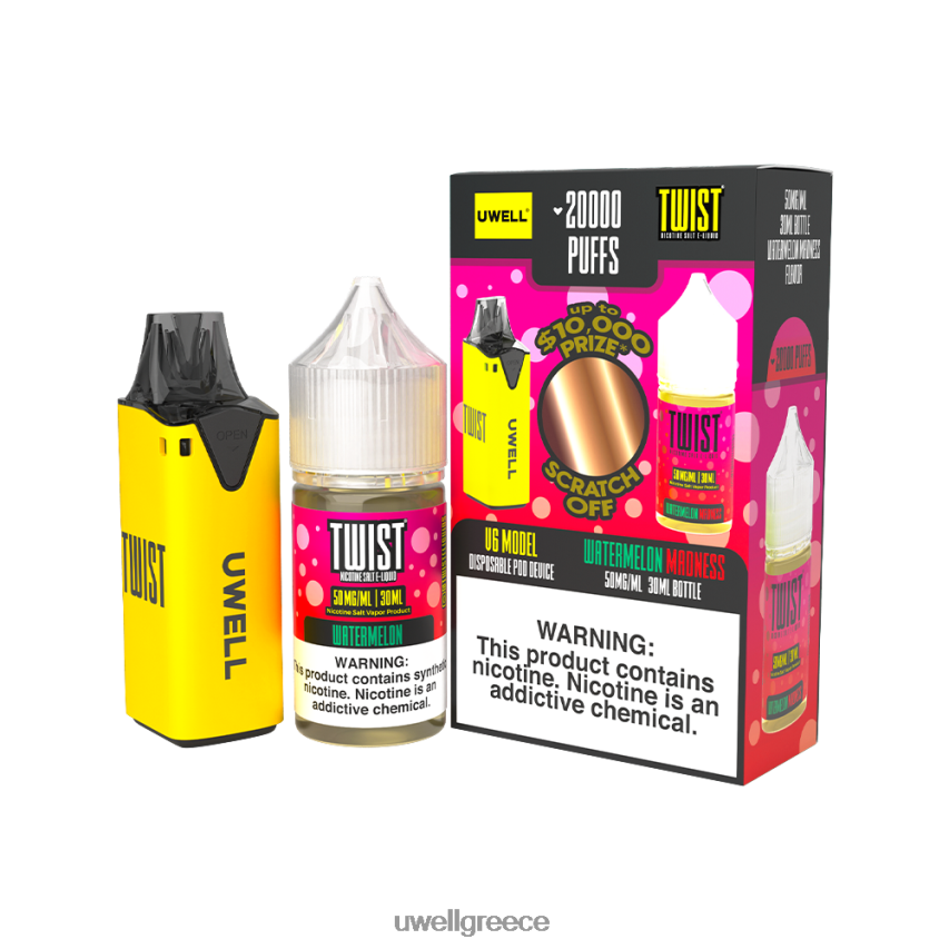UWELL Disposable Vape - 4XVT2F220 UWELL V6 συσκευή μιας χρήσης + ατμός μπαμπά 30ml χυμός - δέσμη collab clr κίτρινο/flv τρέλα καρπούζι 50mg