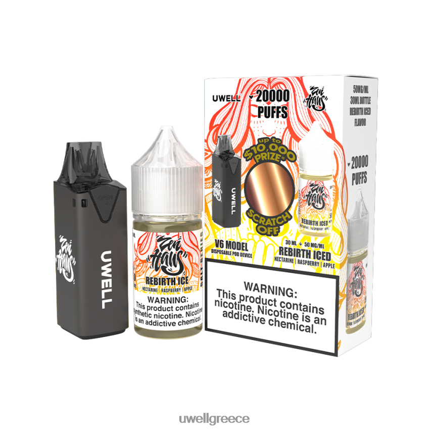 UWELL Greece - 4XVT2F221 UWELL V6 συσκευή μιας χρήσης + ατμός μπαμπά 30ml χυμός - δέσμη collab clr black/flv rebirth ice 50mg