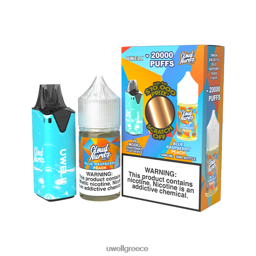 UWELL Athens - 4XVT2F203 UWELL V6 συσκευή μιας χρήσης + ατμός μπαμπά 30ml χυμός - δέσμη collab clr blue/flv blue raspberry peach 50mg