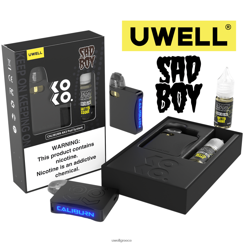 UWELL Athens - 4XVT2F243 UWELL CALIBURN AK3 κιτ + a3s 08ohm pods (x2) + ατμός μπαμπά 10ml άλατα 50mg crl μαύρο/flv μπισκότο κρέμας 50mg