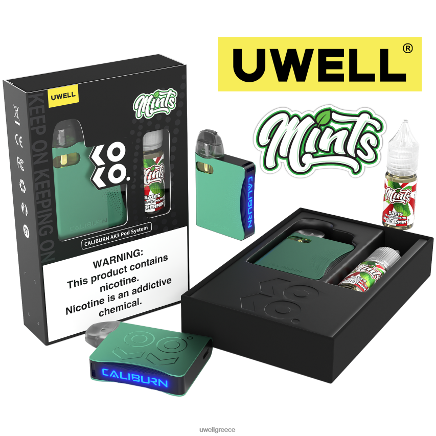 UWELL Athens - 4XVT2F243 UWELL CALIBURN AK3 κιτ + a3s 08ohm pods (x2) + ατμός μπαμπά 10ml άλατα 50mg crl μαύρο/flv μπισκότο κρέμας 50mg