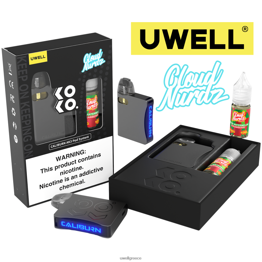 UWELL Disposable Vape - 4XVT2F240 UWELL CALIBURN AK3 κιτ + a3s 08ohm pods (x2) + ατμός μπαμπά 10ml άλατα 50mg crl γκρι/flv ξινό καρπούζι φράουλα 50mg