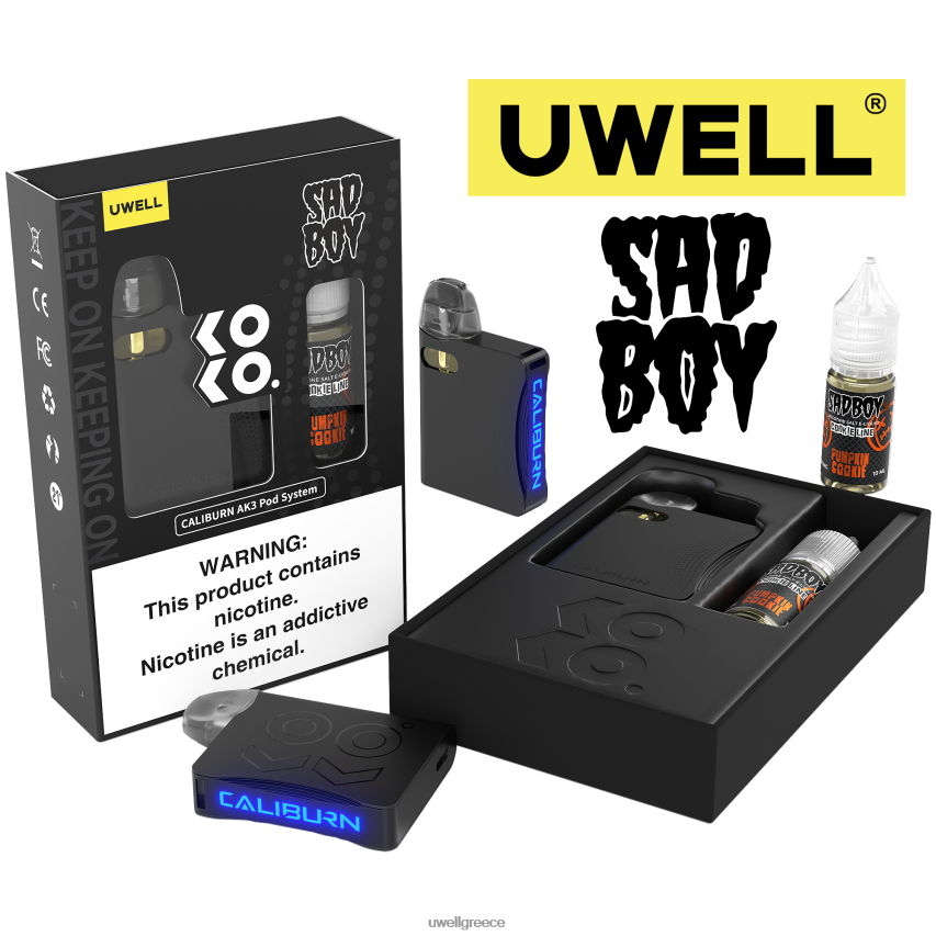 UWELL E Cigarette - 4XVT2F239 UWELL CALIBURN AK3 κιτ + a3s 08ohm pods (x2) + ατμός μπαμπά 10ml άλατα 50mg crl black/flv μπισκότο κολοκύθας 50mg