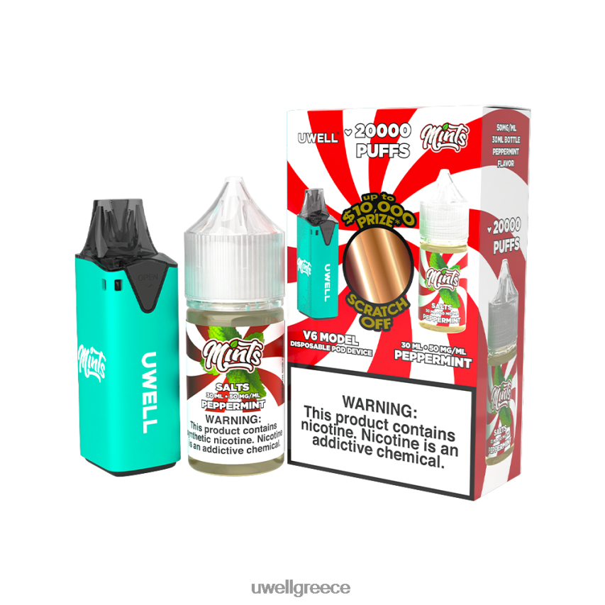 UWELL Greece - 4XVT2F211 UWELL V6 συσκευή μιας χρήσης + ατμός μπαμπά 30ml χυμός - δέσμη collab clr κυανό/flv μέντα 50mg