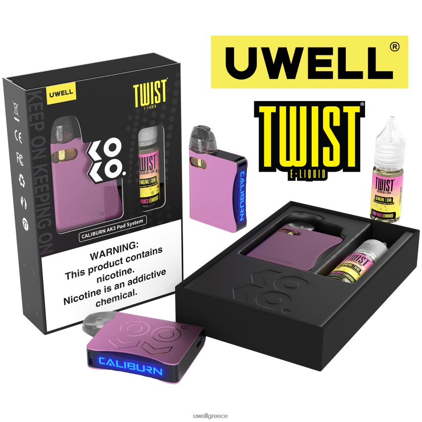 UWELL Greece - 4XVT2F241 UWELL CALIBURN AK3 κιτ + a3s 08ohm pods (x2) + ατμός μπαμπά 10ml άλατα 50mg crl pink/flv pink punch λεμονάδα 50mg