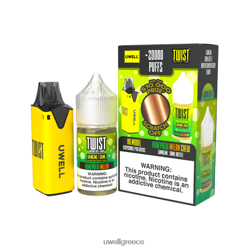 UWELL Vape Disposable - 4XVT2F217 UWELL V6 συσκευή μιας χρήσης + ατμός μπαμπά 30ml χυμός - δέσμη collab clr κίτρινο/flv μελιτωμένο πεπόνι μάσημα 50mg