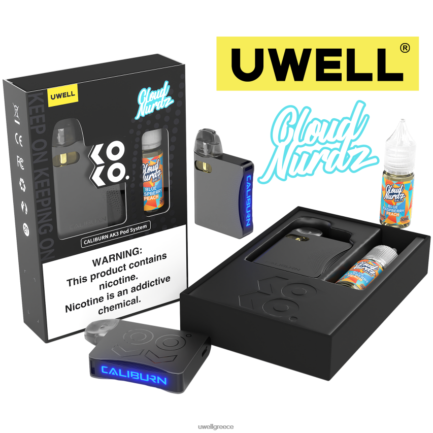 UWELL Vape Disposable - 4XVT2F247 UWELL CALIBURN AK3 κιτ + a3s 08ohm pods (x2) + ατμός μπαμπά 10ml άλατα 50mg crl γκρι/flv μπλε βατόμουρο ροδάκινο