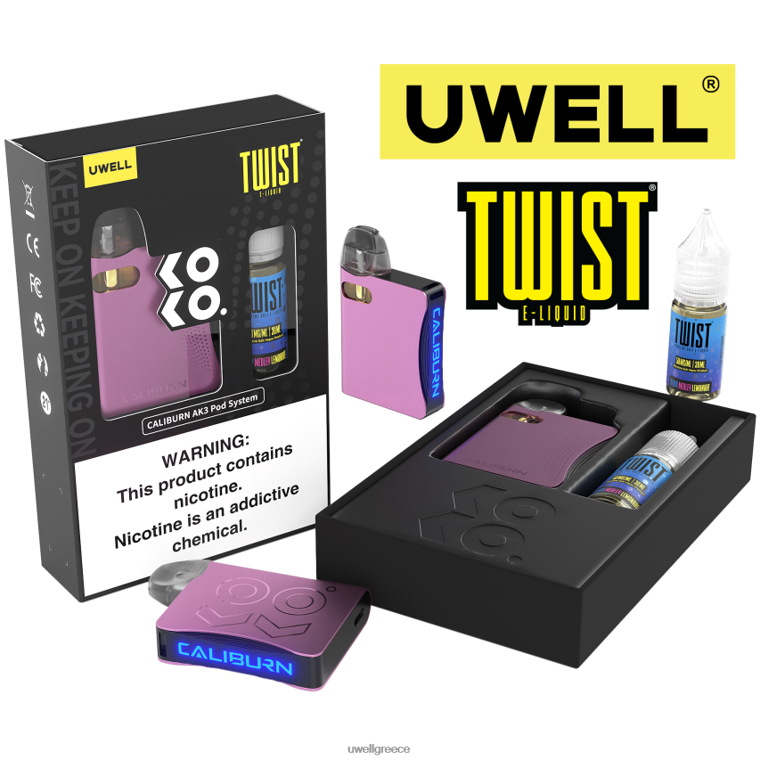UWELL Vape Flavours - 4XVT2F246 UWELL CALIBURN AK3 κιτ + a3s 08ohm pods (x2) + ατμός μπαμπά 10ml άλατα 50mg crl ροζ/flv μούρο medly λεμονάδα