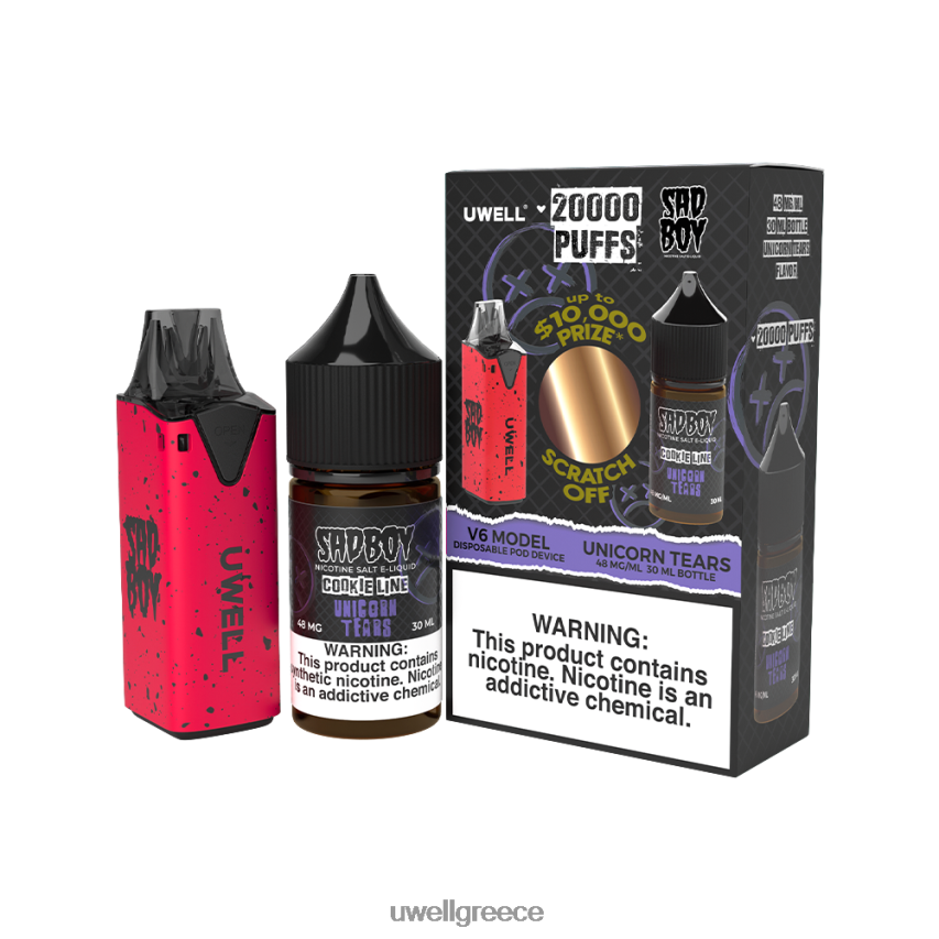 UWELL Vapes - 4XVT2F214 UWELL V6 συσκευή μιας χρήσης + ατμός μπαμπά 30ml χυμός - δέσμη collab clr κόκκινο/flv δάκρυα μονόκερου 48mg