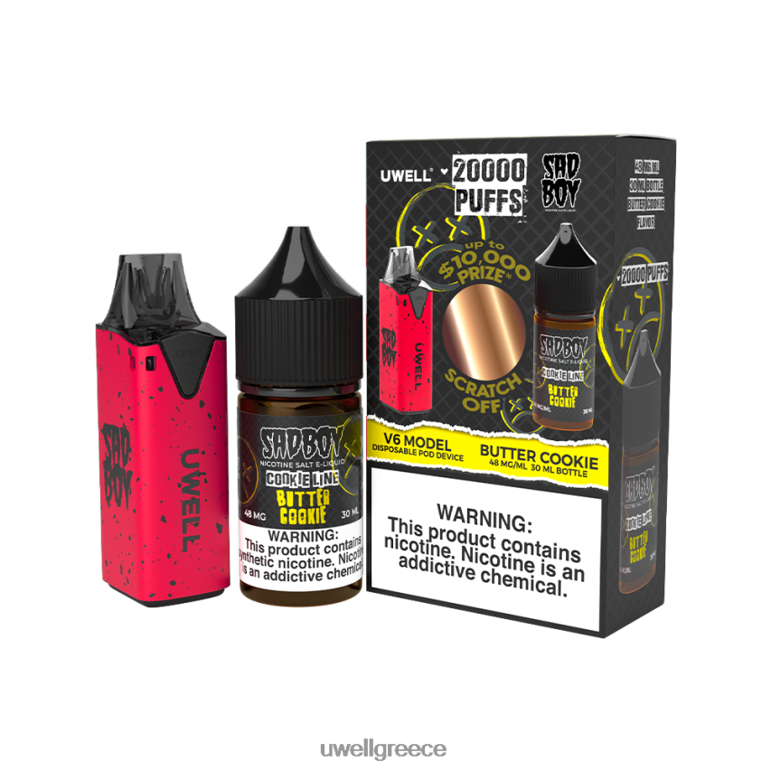 UWELL Ελλάδα - 4XVT2F212 UWELL V6 συσκευή μιας χρήσης + ατμός μπαμπά 30ml χυμός - δέσμη collab clr κόκκινο/flv μπισκότο βουτύρου 48mg
