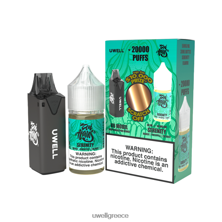 UWELL Ελλάδα - 4XVT2F222 UWELL V6 συσκευή μιας χρήσης + ατμός μπαμπά 30ml χυμός - δέσμη collab clr black/flv serenity 50mg